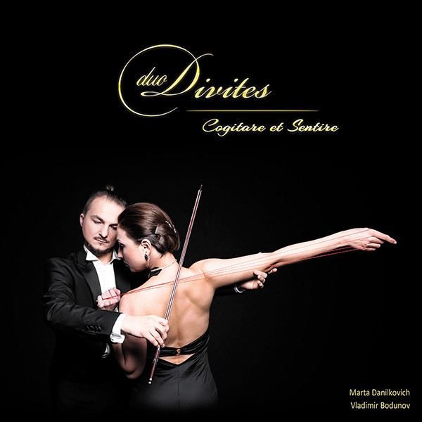 CD Cover - front - one violin player playing on the body of the other one